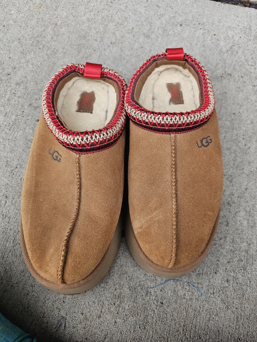 UGG Chestnut Suede Slip-On Clogs with Red Trim